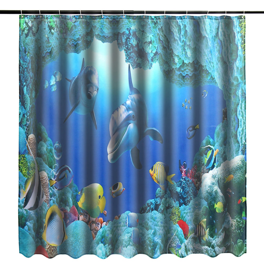 Dolphin Ocean Bathroom Shower Curtain Bath Mat Toliet Pedestal Rug Pad Cover - Image 2