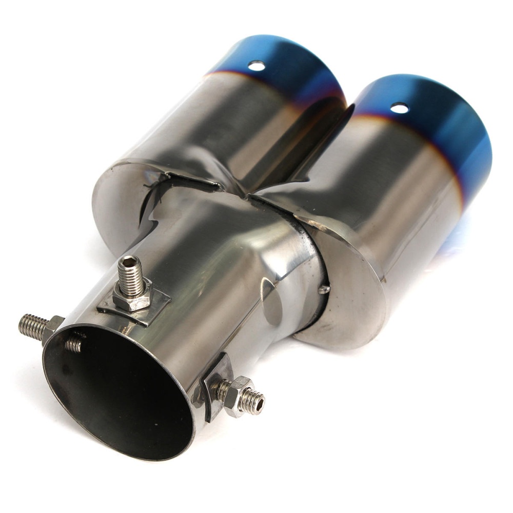 Universal Tip 6cm Inlet & Blue Dual Outlet Stainless Steel Exhaust Muffler - Image 2