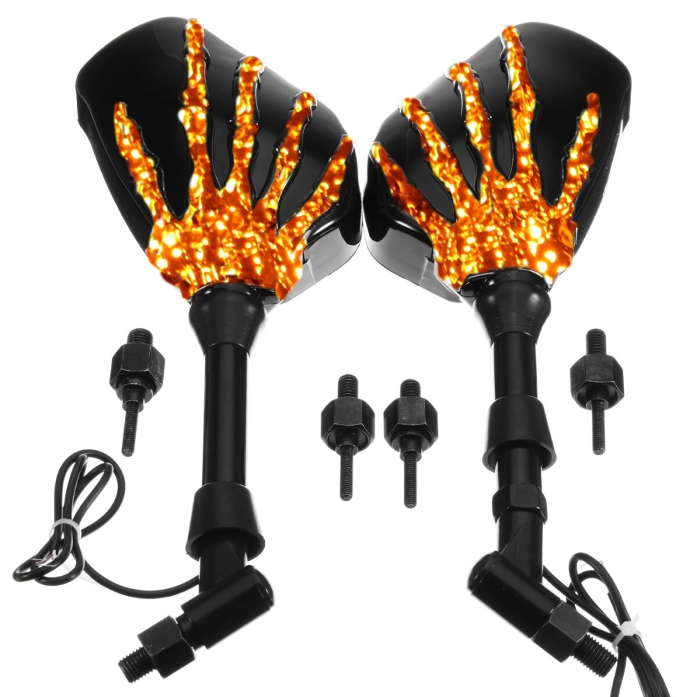 8mm 10mm Pair Skull Hand LED Turn Signal Motorcycle Mirrors For Harley Cruiser - Image 2