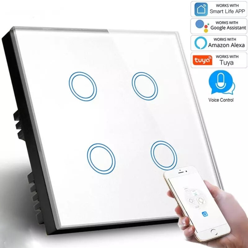 MAKEGOOD UK Standard WiFi Smart Light Switch Touch Screen 4 Gang Alexa Voice Control Wall Wifi Tuya Switch 1000W Crystal Glass Panel With Power Stati