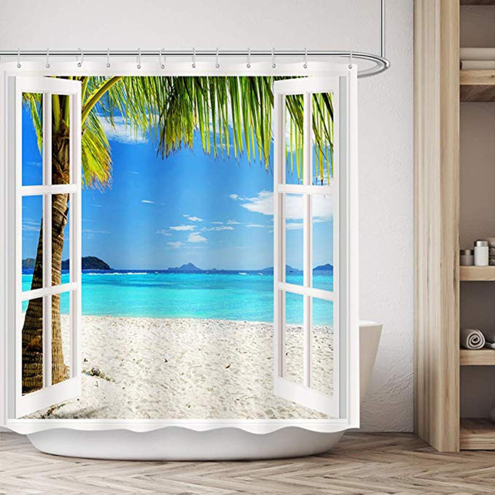 Ocean Blue White Sand Beach Palm View Summer Printed Bathroom Washroom Decor Shower Curtain Floor Rugs Mat - #1 - Image 2