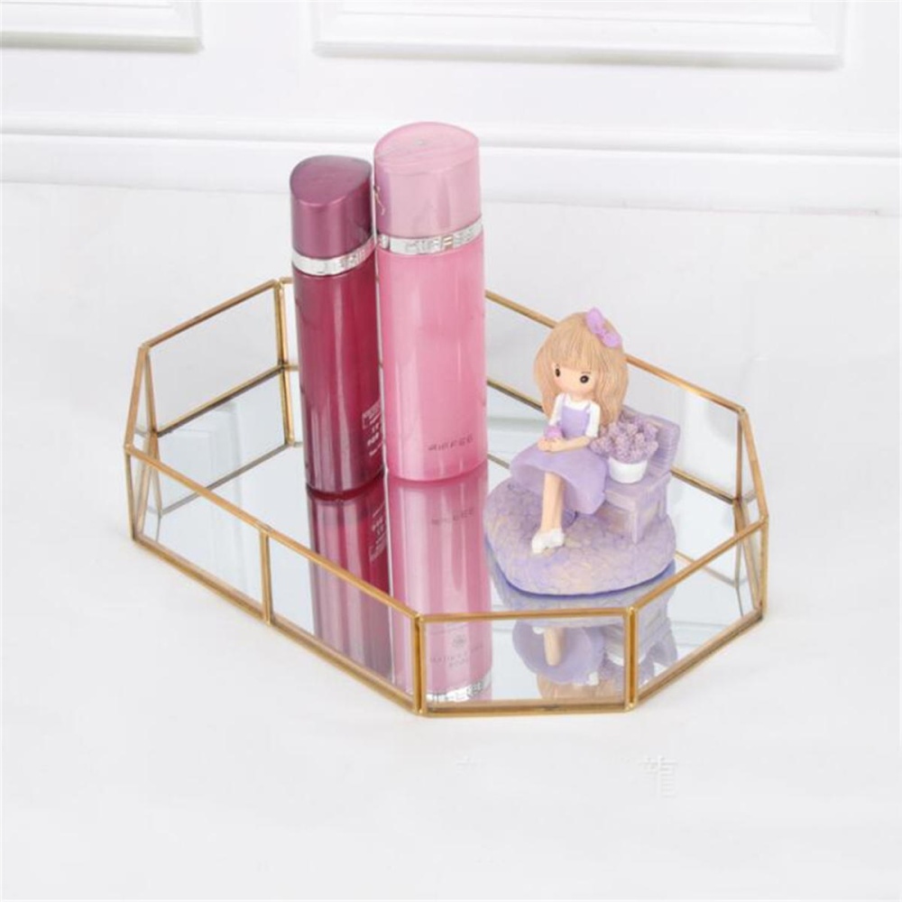 2 Size Mirror Glass Tray Octagon Cosmetic Makeup Desktop Organizer Jewelry Display Stand Holder - S - Image 2