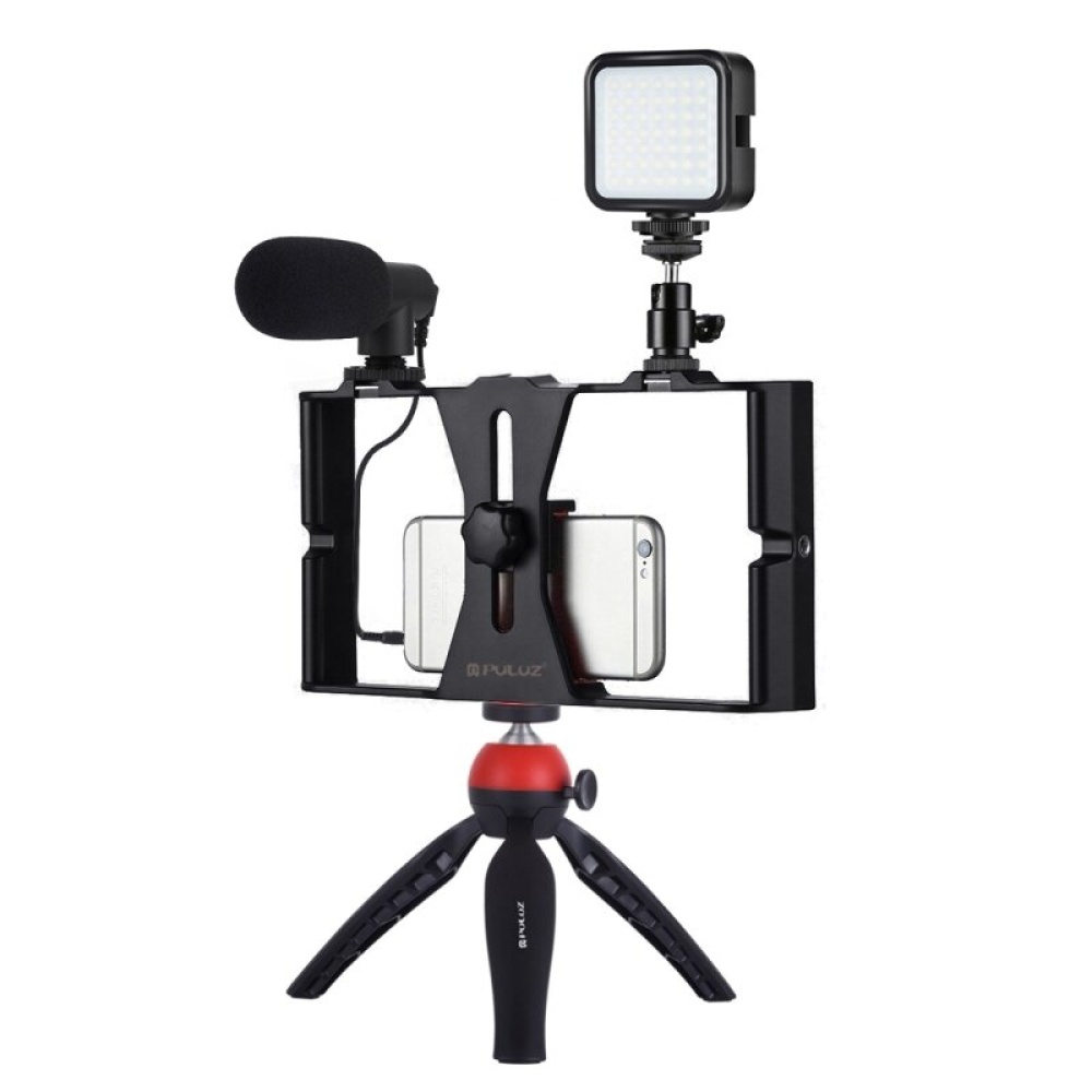 PULUZ PKT3095 4 in 1 Vlogging Live Broadcast Kit Smartphone Video Rig with LED Selfie Fill Light Microphone Tripod Mount Adapter Bracket - Red - Image 2