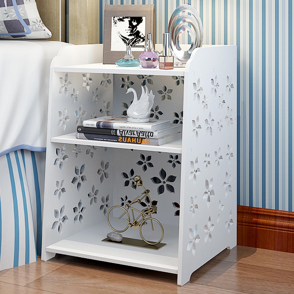 Modern White Flower Bedroom Bedside Table Rack Cabinet Organizer Night Stand Storage Baskets - Medium - Image 2