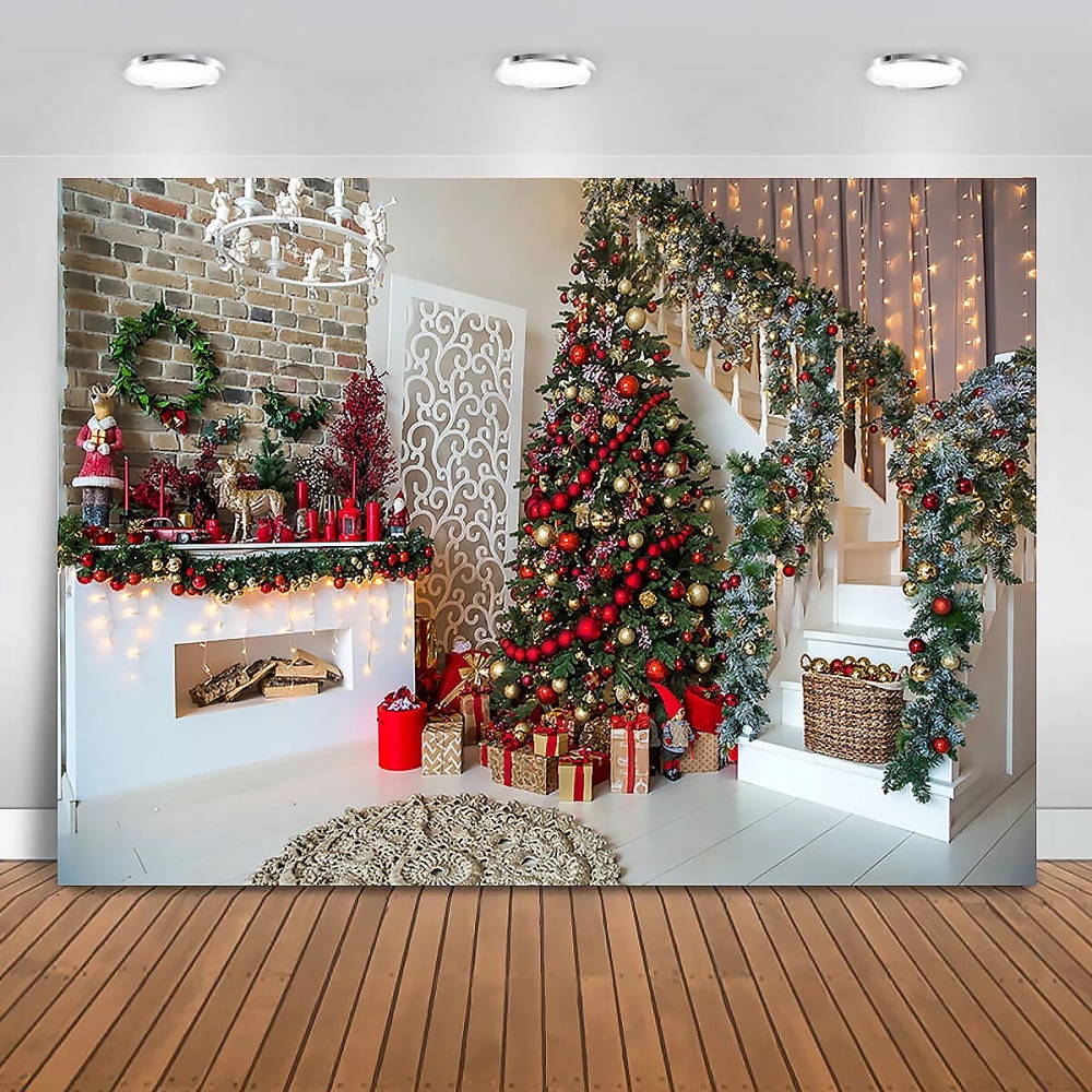 Christmas Tree Stairs Photography Backdrops Wood Floor Fireplace Background Cloth For Photo Studio Backdrop - 1.5x0.9m - Image 2