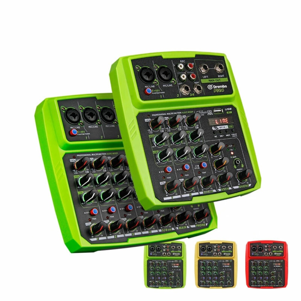 Drembo 4 Channel Protable Digital Audio Mixer Console with Sound Card bluetooth USB 48V Phantom Power for DJ PC Recording - Green US