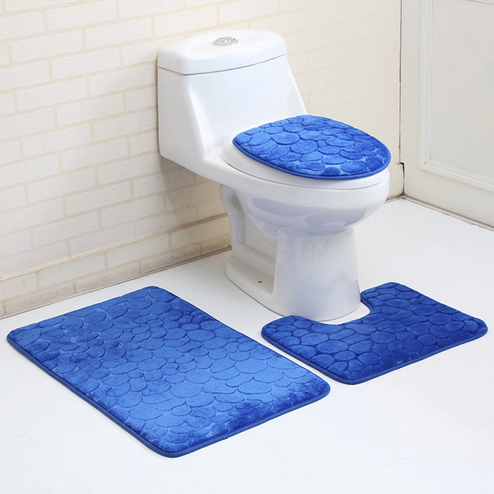 3PCS Toilet Seat Covers Bathroom Carpet Non-Slip Pedestal Rug + Lid Toilet Cover + Bath Mat Set - Brown - Image 2