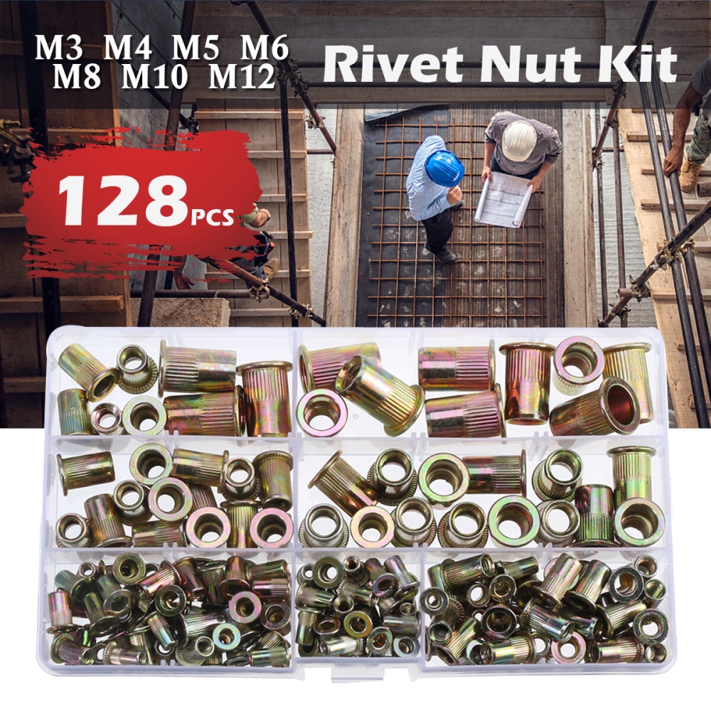 128Pcs Rivnut Rivet Nut Kit Round Head M3 M4 M5 M6 M8 M10 M12 Kit Set ABS Case - Image 2