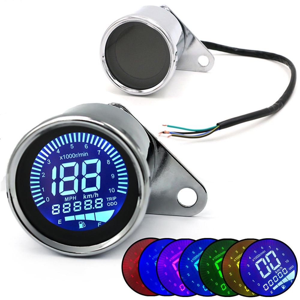 4 In 1 Motorcycle Digital Odometer Speedometer Tachometer RPM Fuel Level Gauge MPH KM/H 7 Colors Universal - Chrome - Image 2