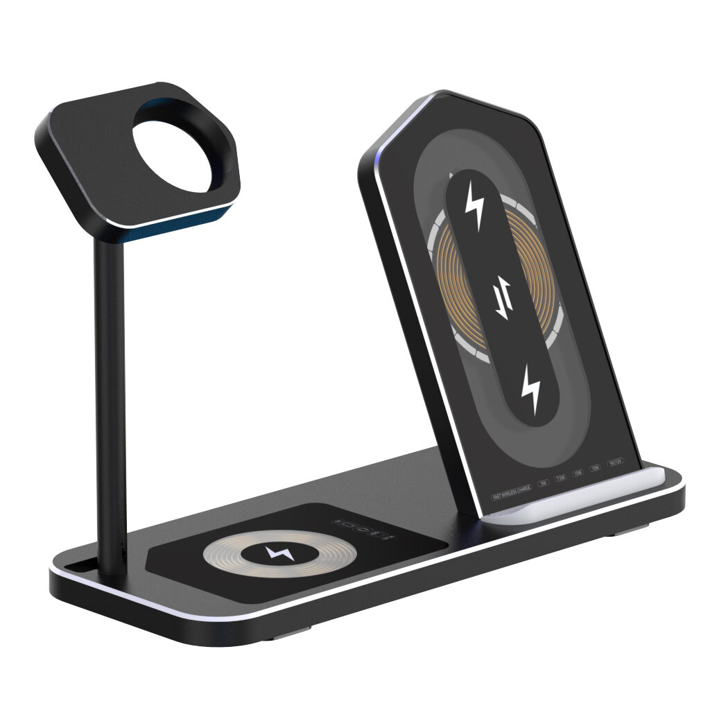 AODUKE 3-in-1 15W Type-C Wireless Charger Dock Stand Built-In Metal Heat Sink Mobile Phone Holder for iPhone 12 iWatch Airpods Pro - Black - Image 2