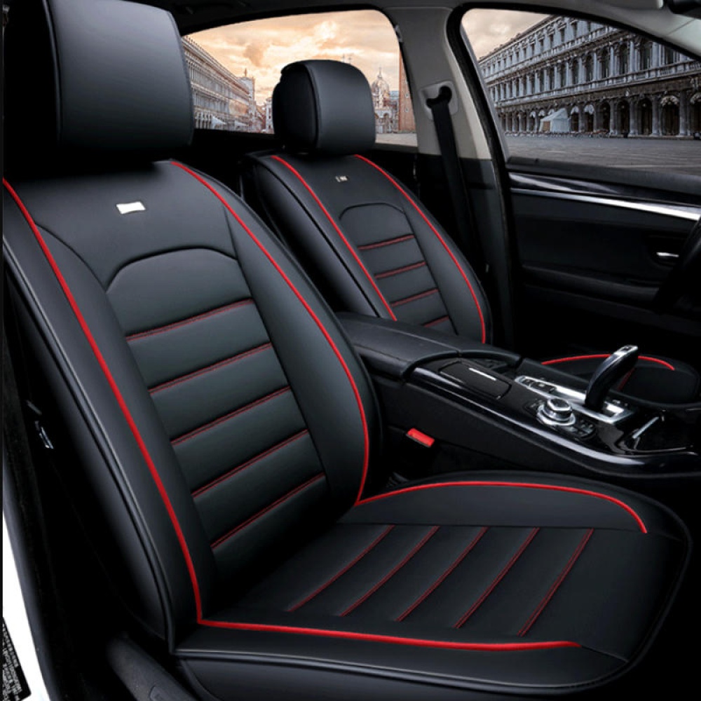 4 Colors Universal Full Car Seat Mat Cover PU Leather Breathable Cushion Pad Set - Black & Red - Image 2