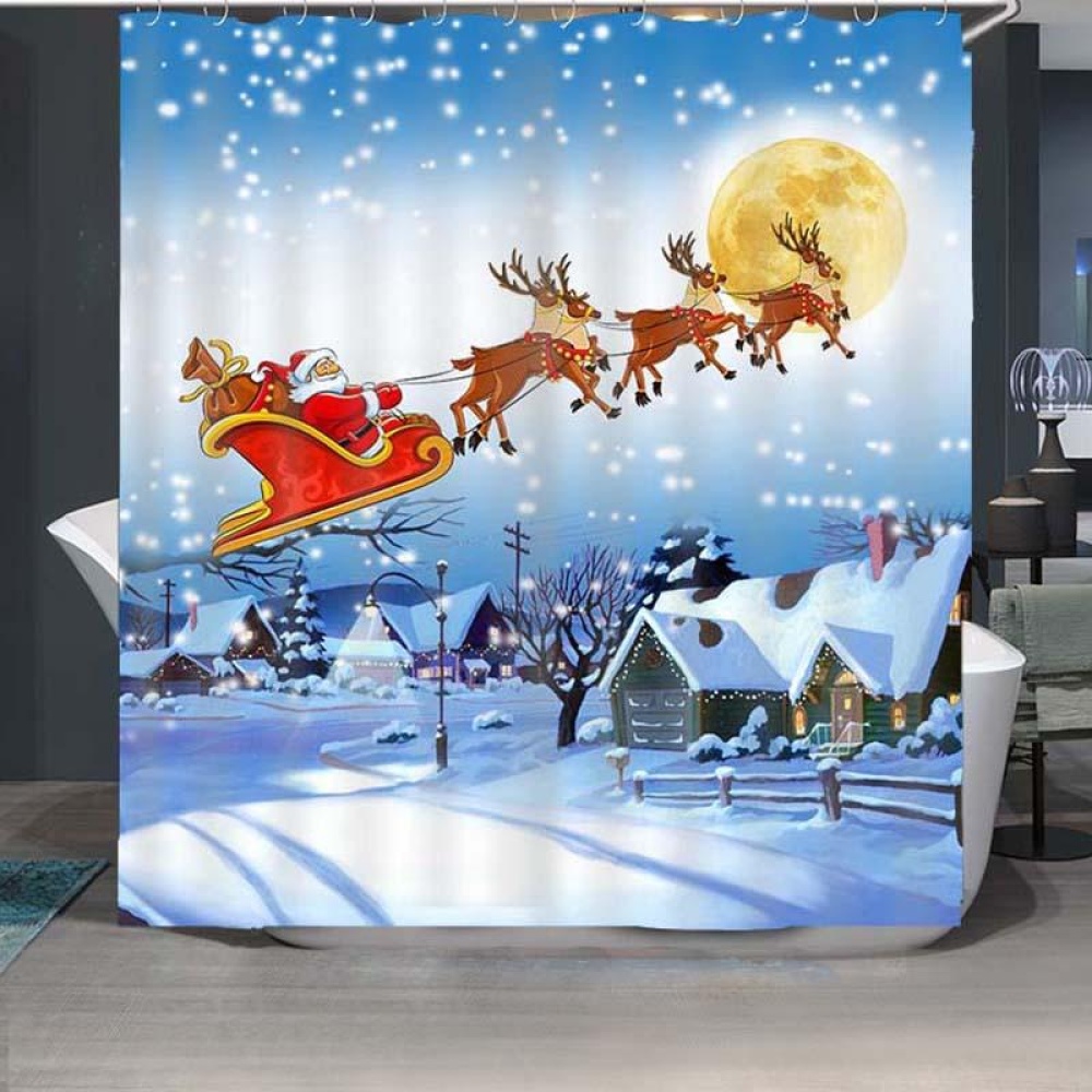 Style Waterproof Polyester Shower Curtain Cartoon Santa Father Pattern With Hooks - Image 2