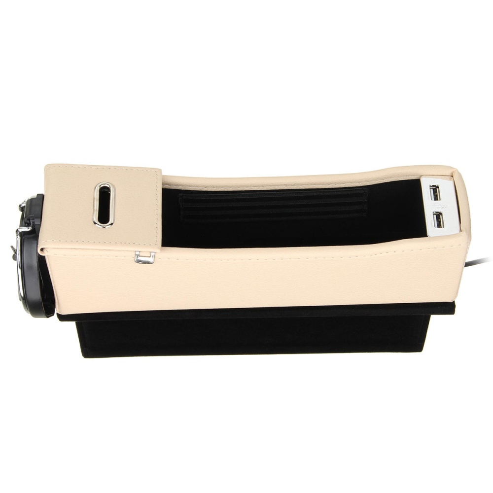 Car Seat Catcher Gap Filler Coin Collector Cup Holder Storage Box Dual USB Charging Port - Brown