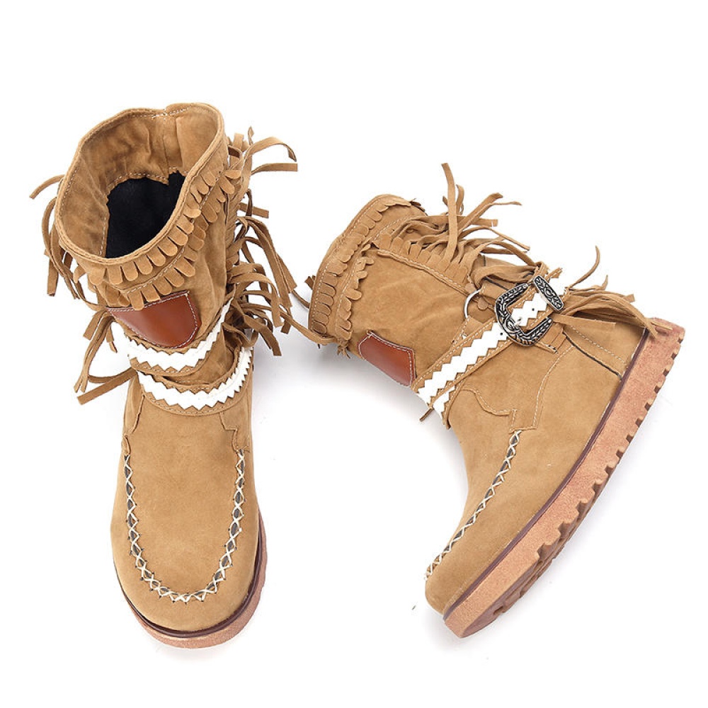 Women Tassel Fringe Middle Ankle Boots Fashion Buckle Motorcycle Flat Shoes - 42 Yellow - Image 2