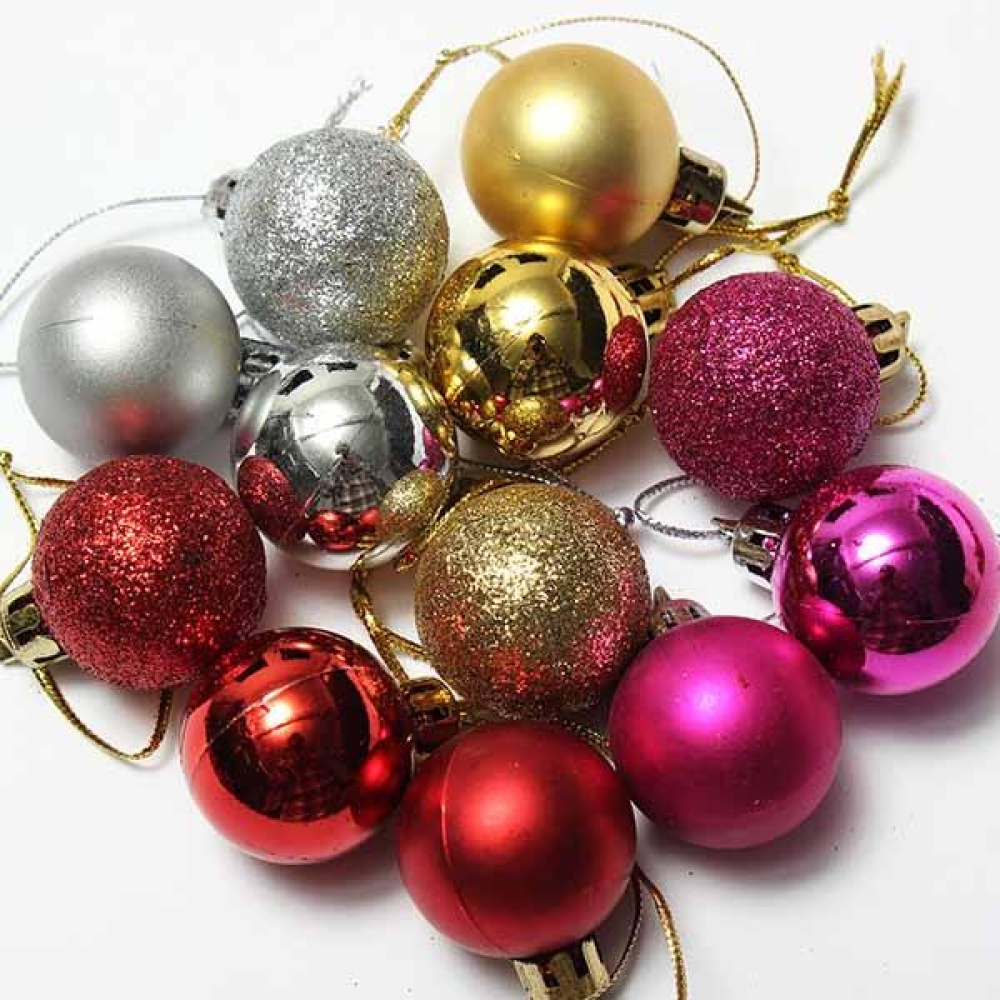 24pcs Xmas Tree Decoration  Glitter Balls Ornament - cerise
