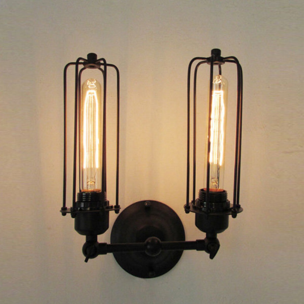 Vintage 2 Heads Loft Iron Cages Wall Light Edison Country Style Lamp - Image 2