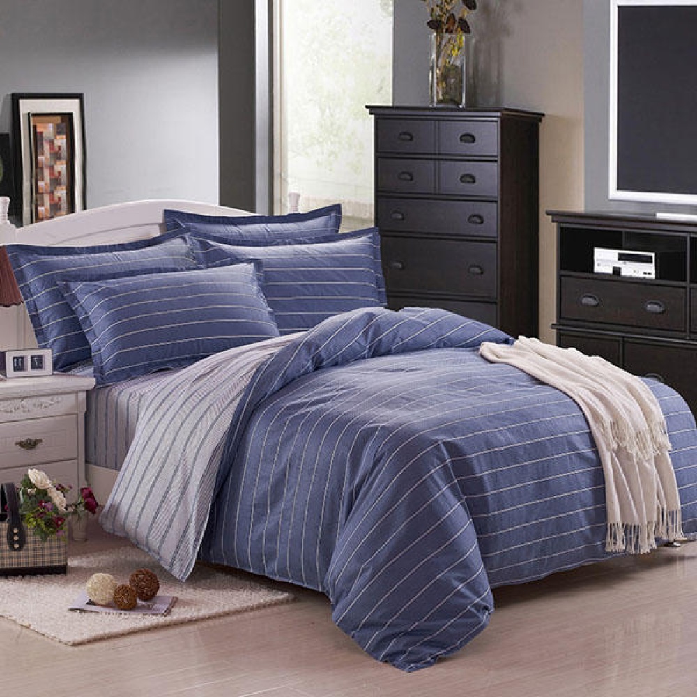 3 Or 4pcs Dark Blue Pure Cotton Taffeta Stripe Printed Bedding Sets - 3pcs Suit Twin Size - Image 2