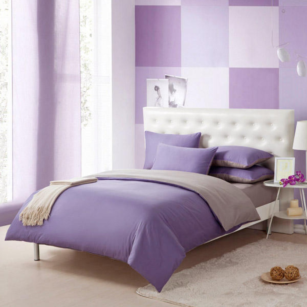 3/4pcs Pure Cotton Light Purple Grey Assorted Bedding Sets Plain Duvet Cover - 3pcs Suit Twin Size - Image 2