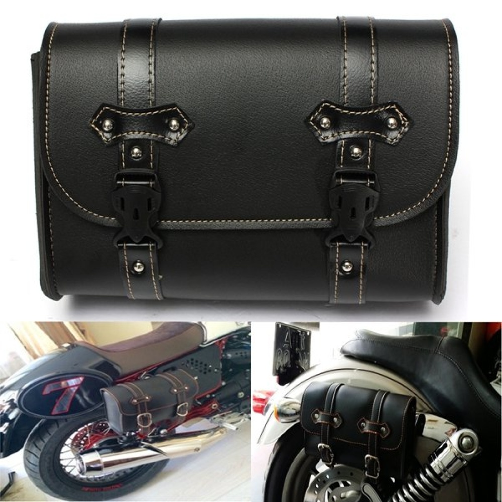 Motorcycle Saddle Leather Bag Storage Tool Pouch Black - Image 2