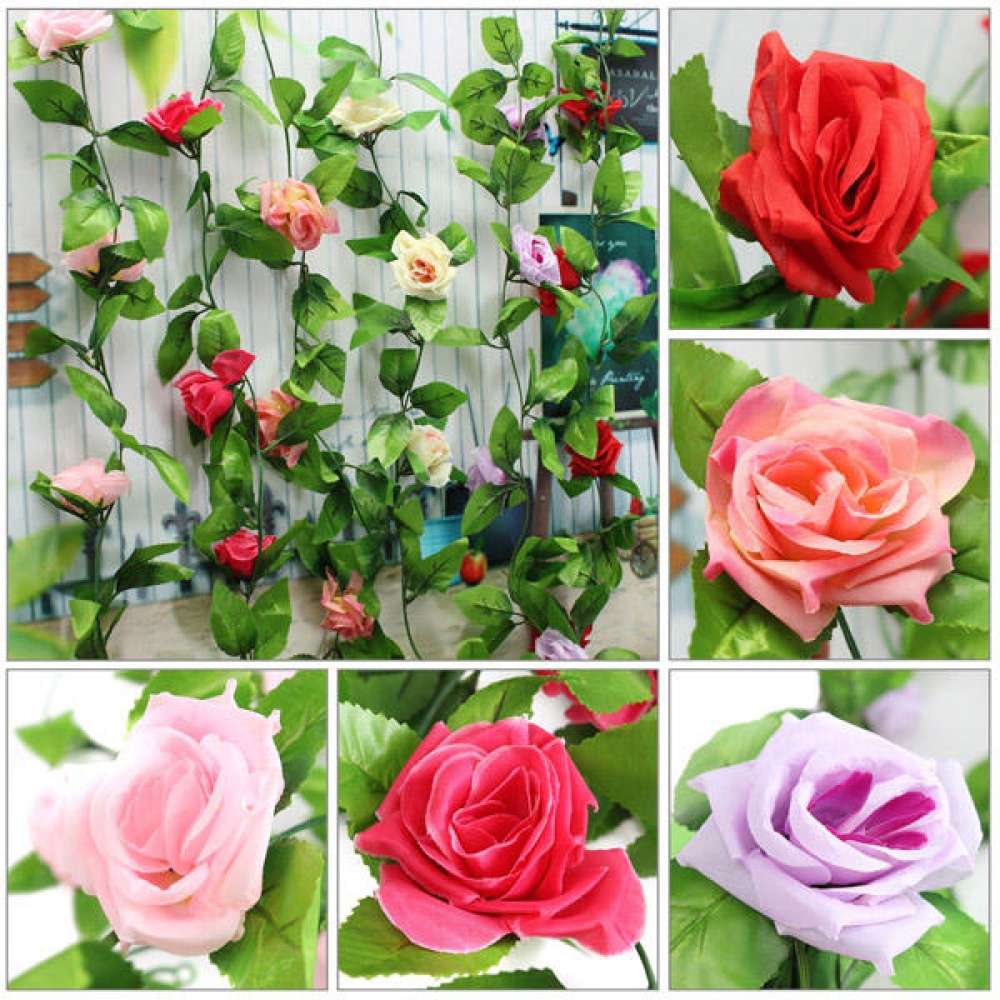 2pcs Artificial Plastic Rose Flower Vines Garland Home Garden Decoration - Red - Image 2