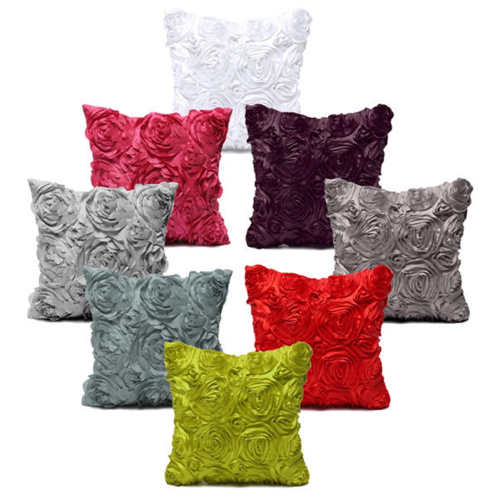 Satin 3D Rose Flower Square Pillow Cases Home Sofa Wedding Decor Cushion Cover - White - Image 2