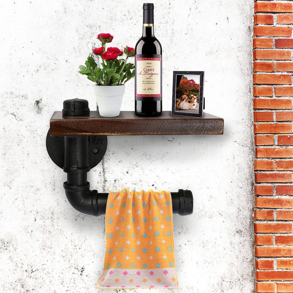 Industrial Style Iron Pipe Toilet Paper Holder Roller With Wood Shelf - Image 2