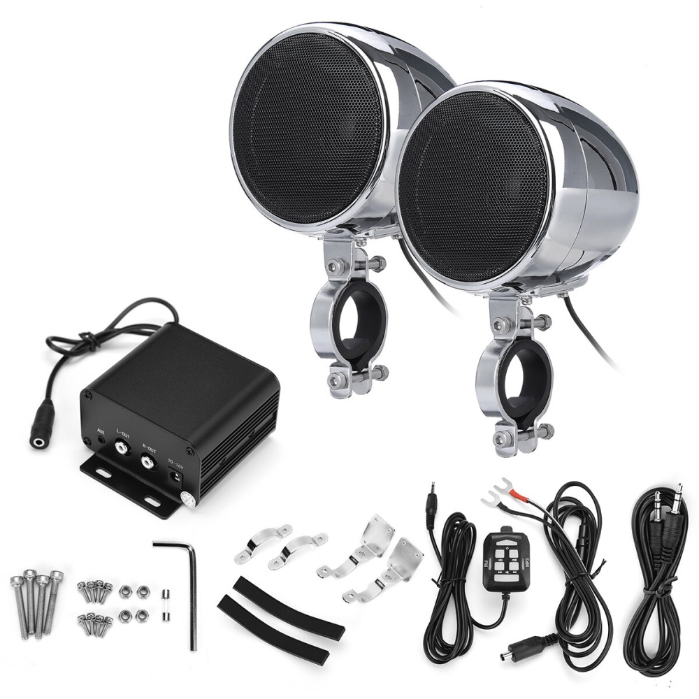 300W 4" Sliver/Black Motorcycle Bluetooth Speakers FM Radio Audio Waterproof Stereo ATV UTV Cart - Black - Image 2