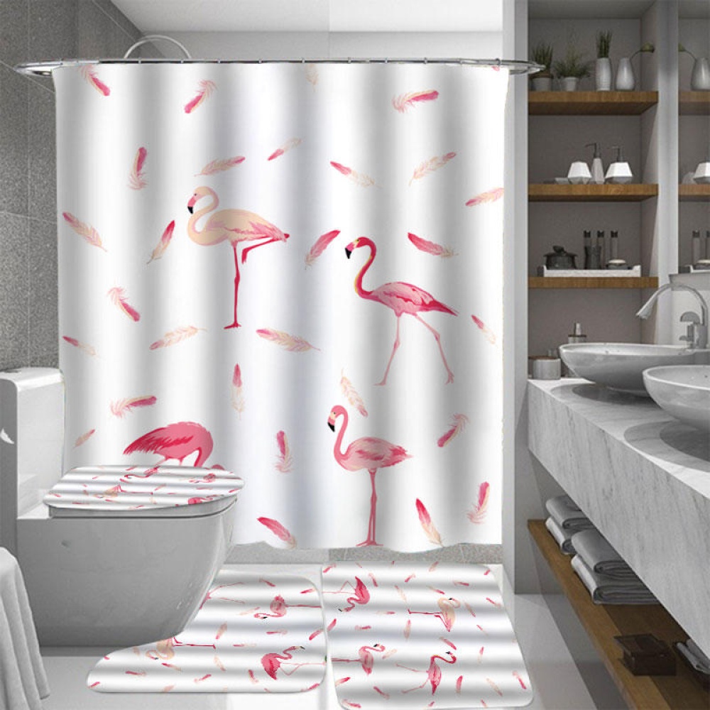 Flamingo 3D Printing Waterproof Bathroom Shower Curtain 3Pcs Toilet Cover Mat Floor Rugs Set - #3 - Image 2