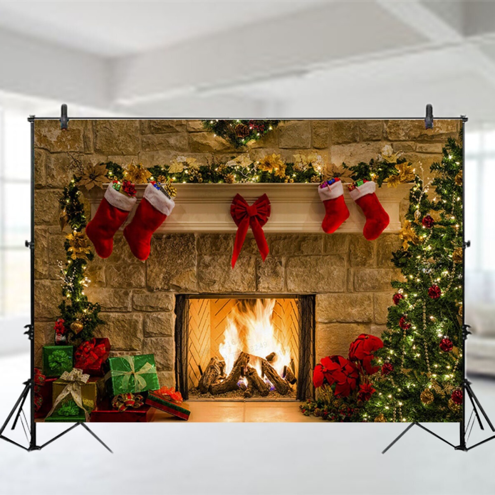 5x3FT 7x5FT 10x7FT Christmas Fireplace Red Socks Backdrop Photography Background Cloth Decoration Background Studio Prop - A - Image 2