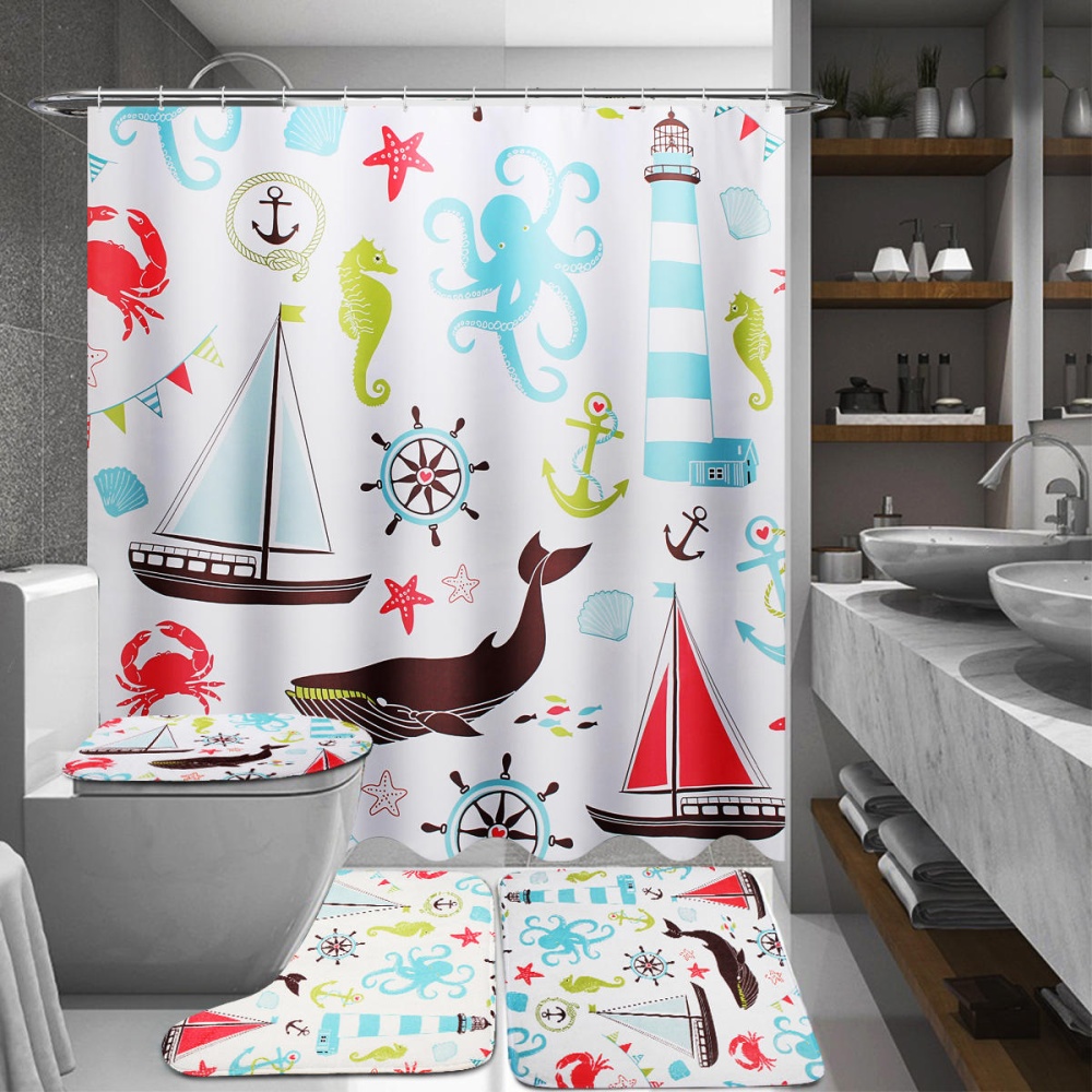 Marine Animal Bathroom Shower Curtain Toilet Cover Bath Mat Non-Slip Rug Set - 45cmx75cm - Image 2