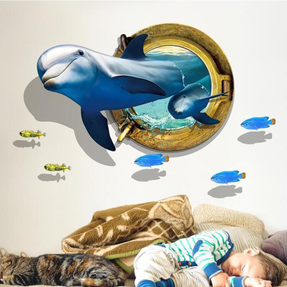 Miico Creative 3D Dolphin Window Sea Fishes PVC Removable Home Room Decorative Wall Door Decor Sticker - Image 2