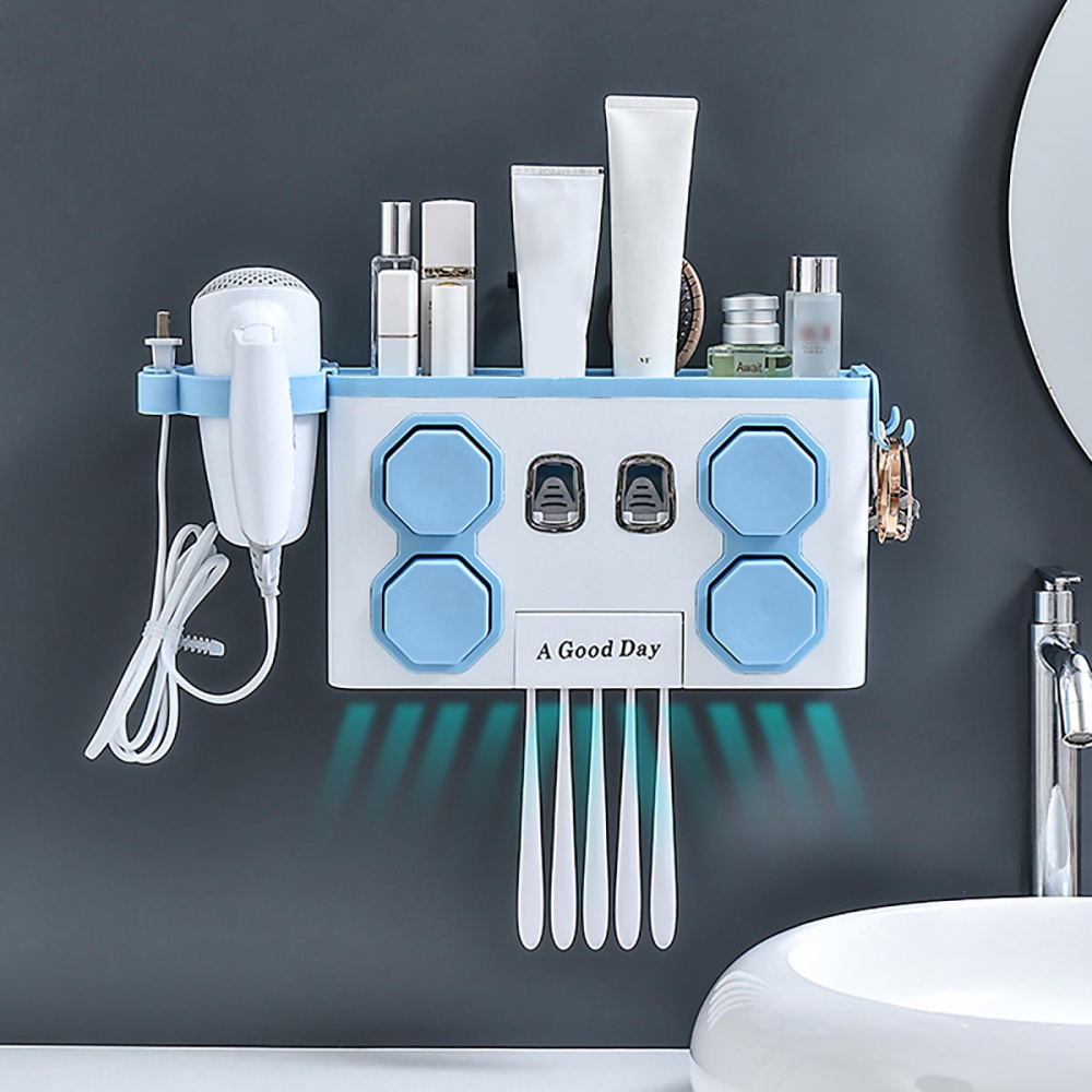 Multifunction Toothbrush Holder Automatic Toothpaste Dispenser Hair Dryer Rack - Gray - Image 2