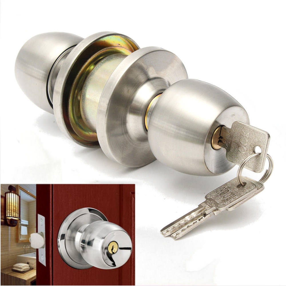 Stainless Steel Round Door Knobs Handle Entrance Interior Passage Lock Entry with Key - Image 2