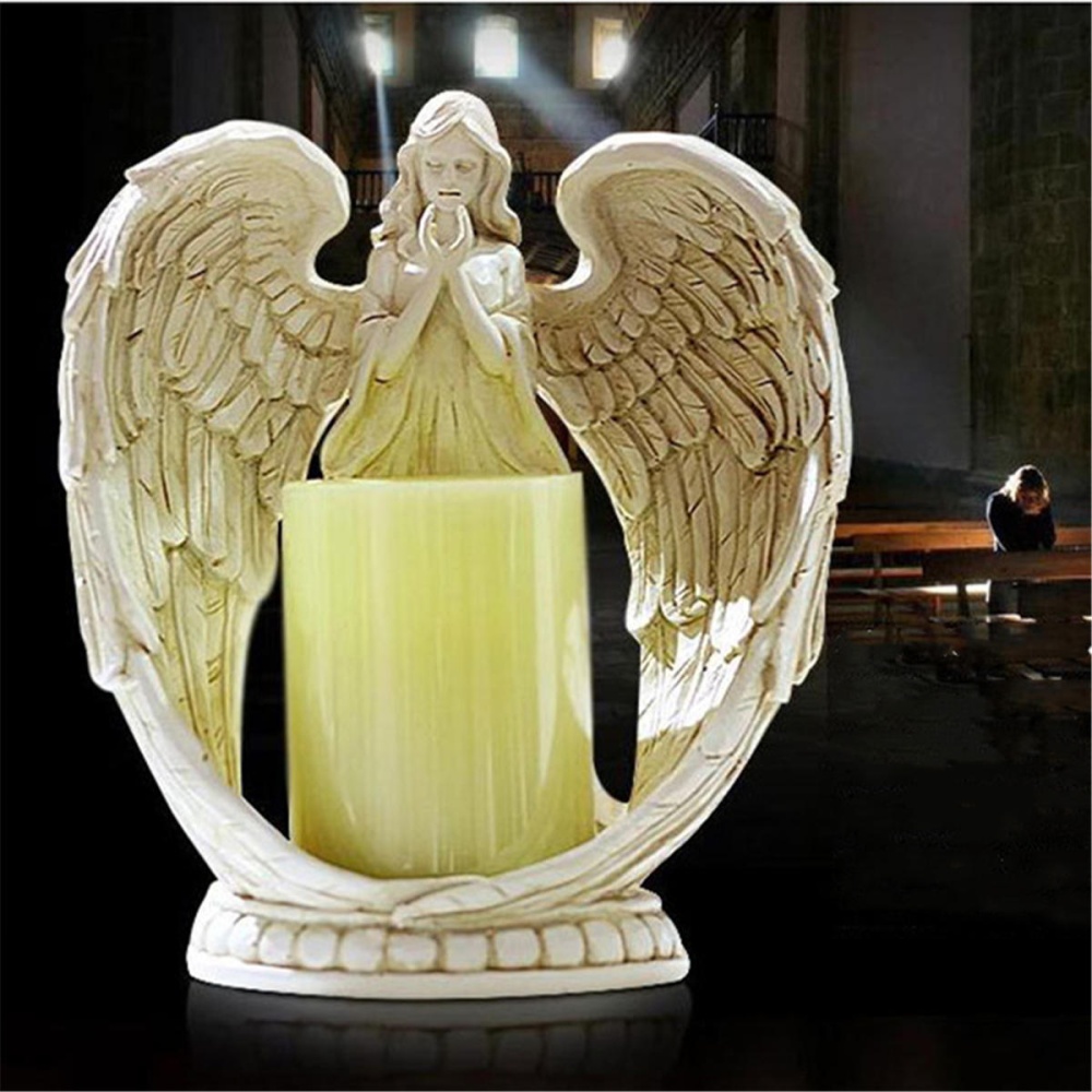 Resin Electronic Angel Candle Holder Feather Wings Memorial Ornaments Light Decorations - #1 - Image 2