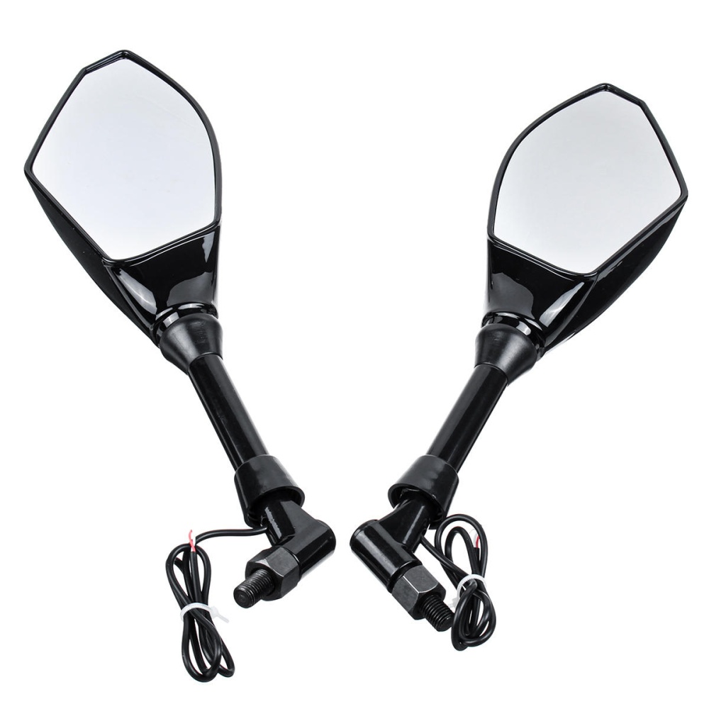 Pair 10mm/8mm Motorcycle LED Mirrors Turn Signal Integrated Indicator Light Rearview - Bright Black