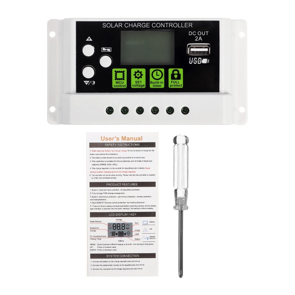 20A 12V/24V LCD Display PWM Solar Panel Charging Controller Li-ion & Lead Acid Battery Compatible USB DC Backlight Display - Image 2