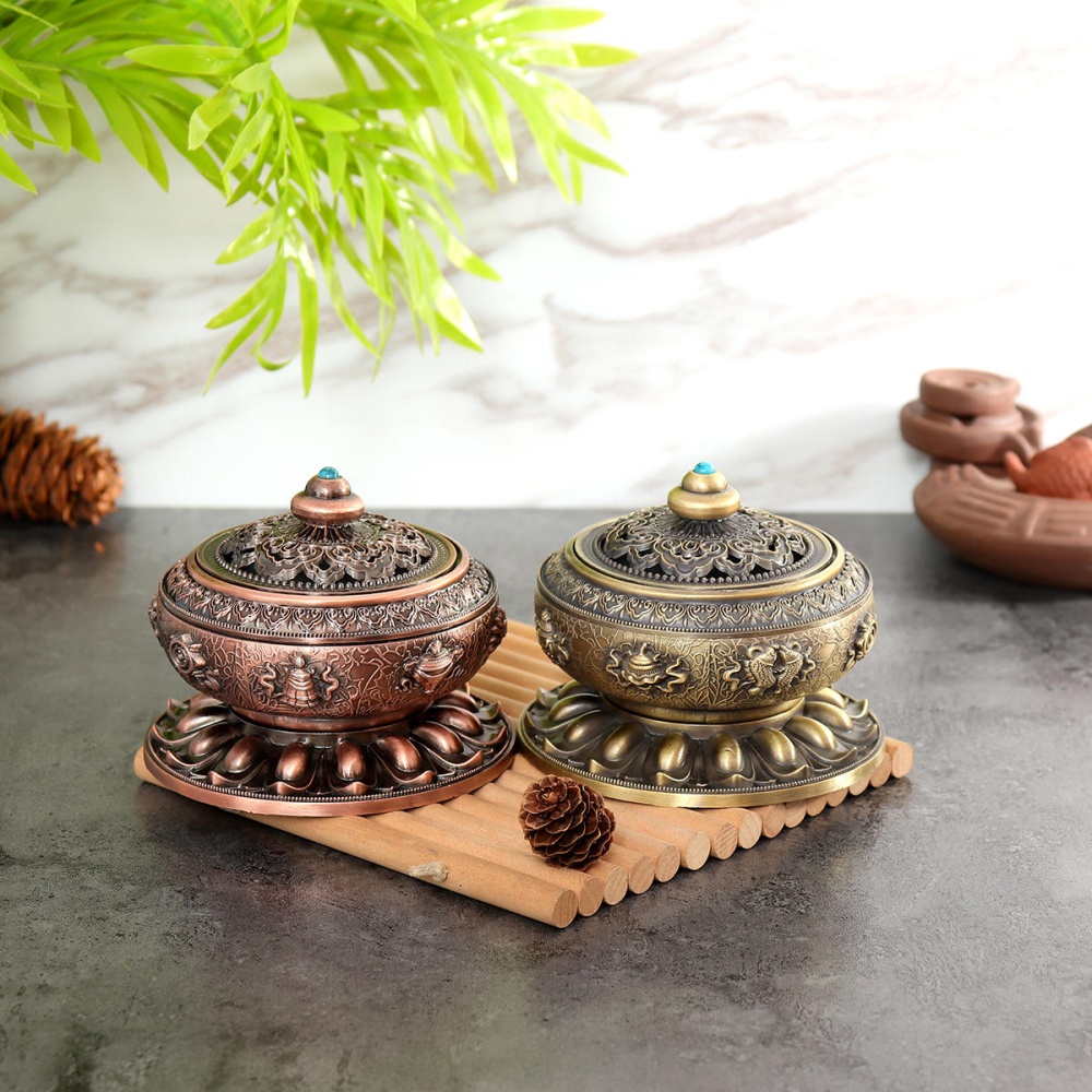 Vintage Alloy Cone Incense Burner Holder Bowl with Lid Base Home Buddhism Decorations - Red Copper - Image 2