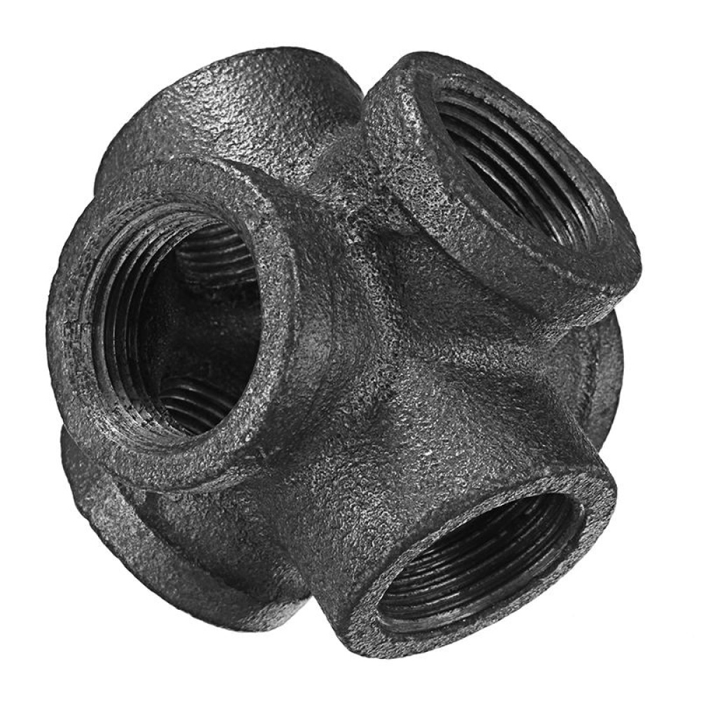 1/2" 3/4" 1" 6 Way Pipe Fitting Malleable Iron Black Double Outlet Cross Female Tube Connector - 1/2 Inch - Image 2