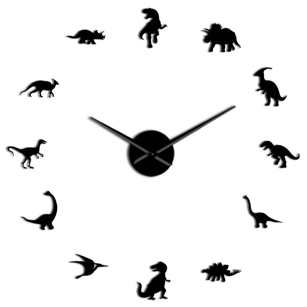 47 Inch Jurassic Dinosaurs Wall Art T-Rex DIY Large Wall Clock Kids Room Decoration Giant Frameless Wall Clock Dino Modern Clock Watch - Black - Image 2