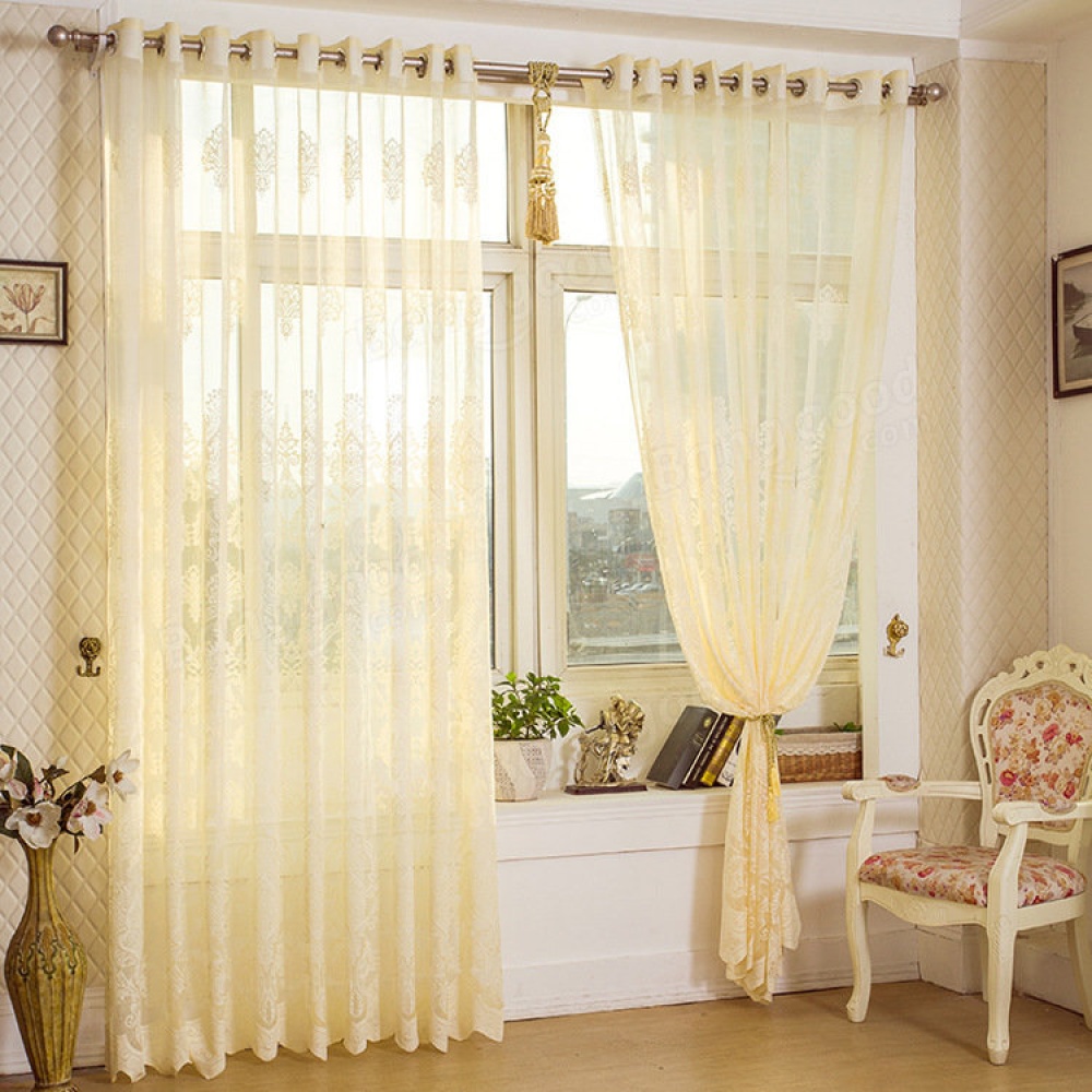 2 Panel Beige Hollow Out Sheer Tulle Curtains Window Screening Breathable Bedroom Study Home Decor - W40 x L84Inch - Image 2