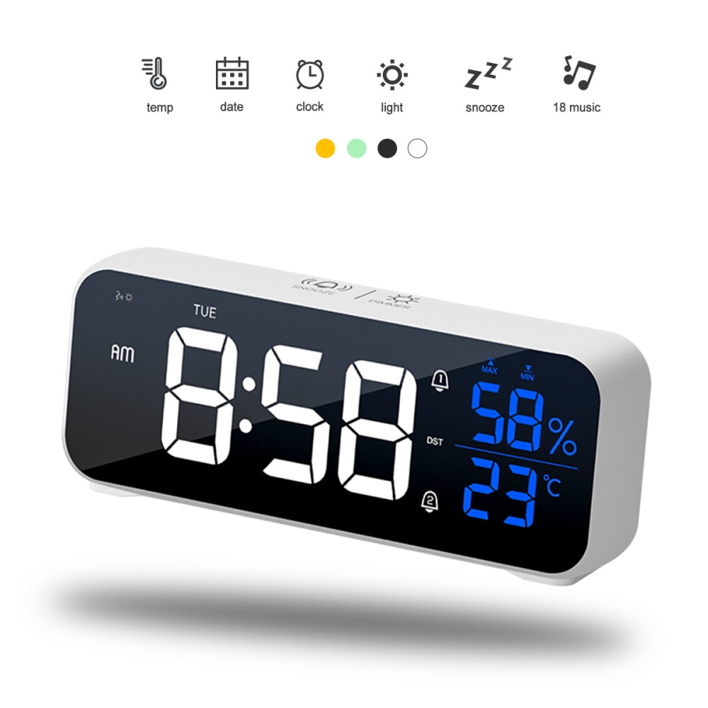 Mirror Alarm Clock LED Music Wall Digital Clock Time Temperature Humidity Display USB Rechargeable Table Clock - White - Image 2