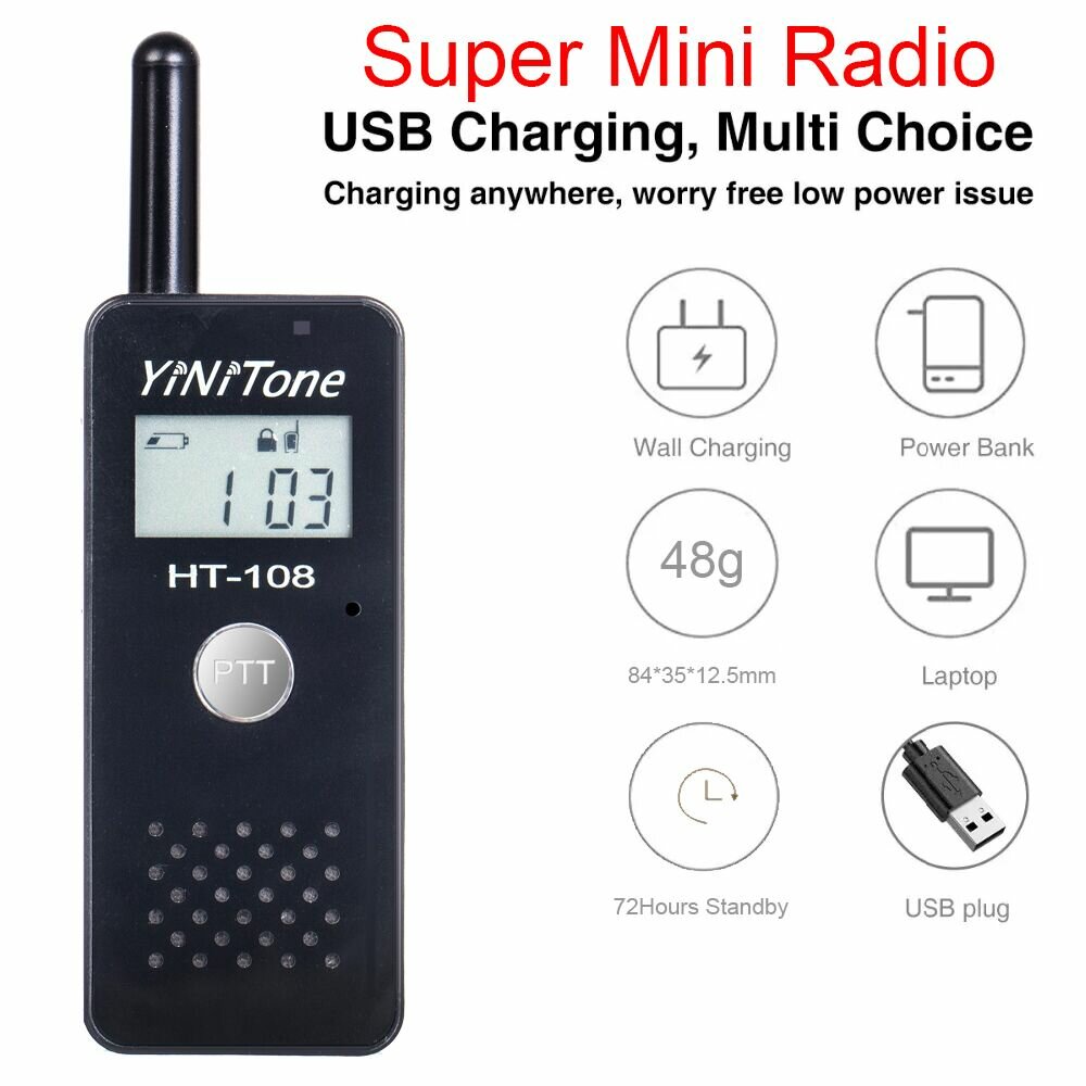 HT-108 Ultra Mini Walkie Talkie USB Plug 72 Hours Standby CT DDS 22 Channel Portable Hand Tunable Two Way Radio - Image 2