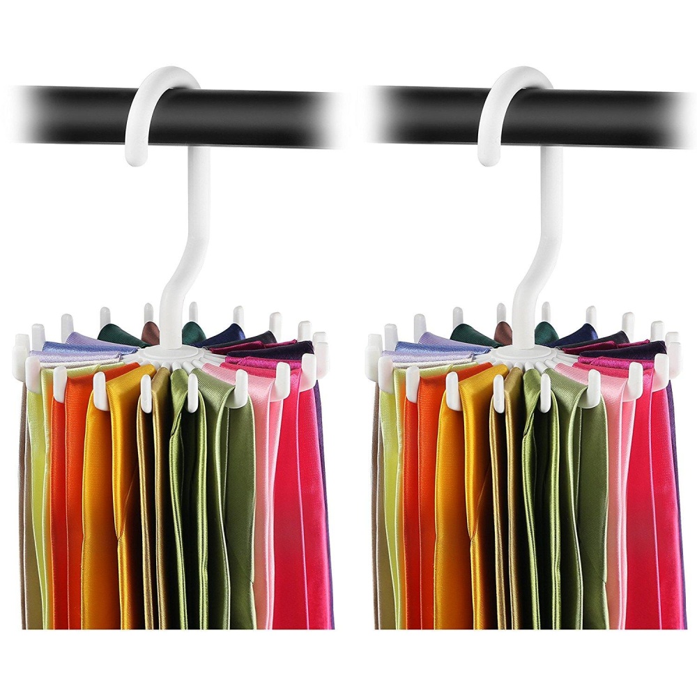 2pcs 360° Rotatable Tie Hanger Rack Adjustable Neck Ties Silk Scarf Storage Hook Organizer - 11x11.5cm(20 row) White - Image 2