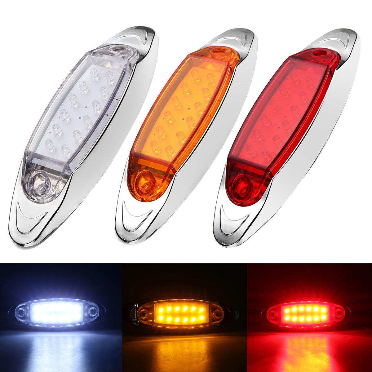 12V 12 LED Side Marker Marker Lights Red/Yellow/White for Truck Chassis Caravan Trailer - White