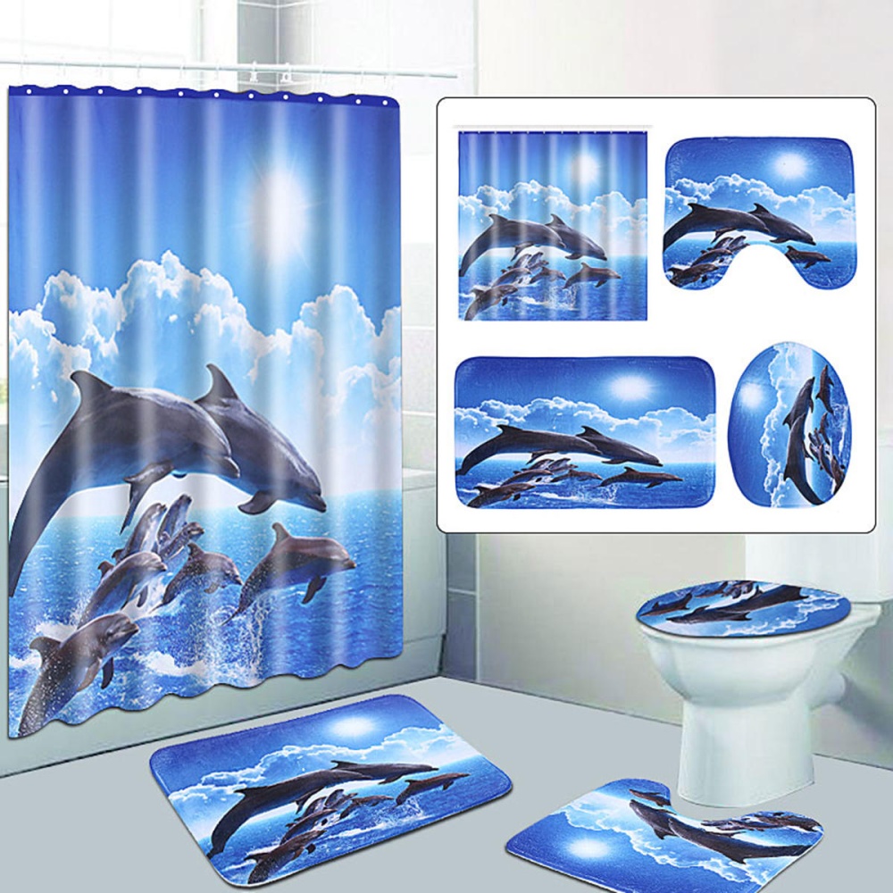 Shower Curtain Bath Pad Pedestal Rug Lid Toilet Cover Art Fashion Dolphin - ?????? - Image 2