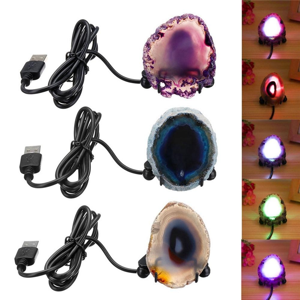 Natural Polished Agate Slice USB Lamp Night Light with Iron Stand - Blue - Image 2