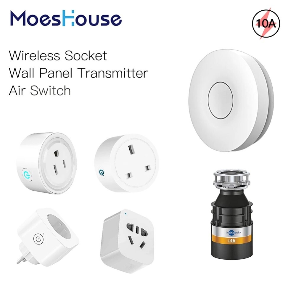 MoesHouse Wireless Socket Self-powered Air Switch Food Residues Garbage Disposal Appliances Fan TV 10A Remote Control No Drilling No Pipe - US