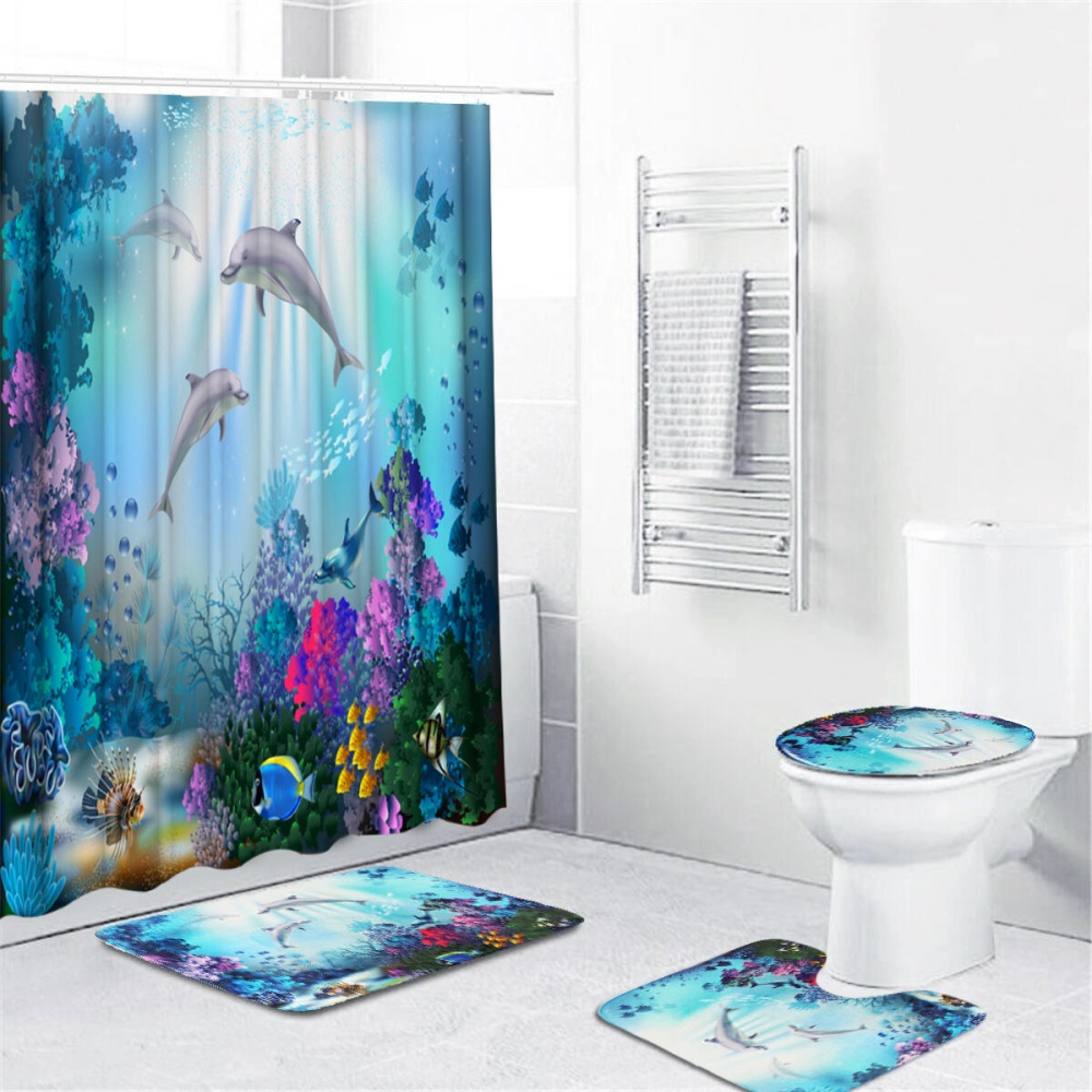 1/3/4 Pcs Sea Style Dolphin Waterproof Shower Curtain Set Toilet Cover Mat Bathroom Non-Slip Mat Pedestal Rug Kit - #3 - Image 2