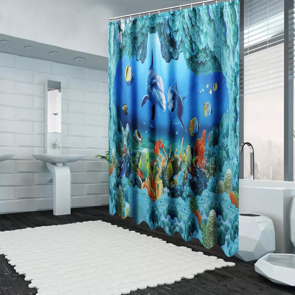 Ocean Dolphin Deep Sea Bathroom Shower Curtain Waterproof Rug Mat Set 180x180cm - Image 2