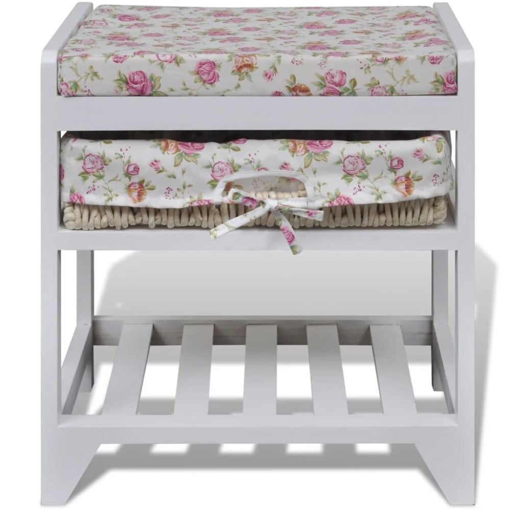 Rose Pattern White Storage Bench With Shoe Rack And a Storage Basket Paulownia Wood For Livingroom Bedroom - Image 2